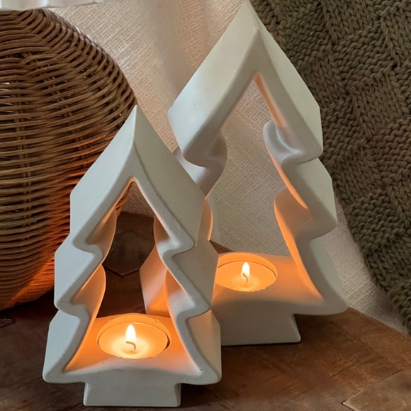 Hand Made White Concrete Christmas Tree Candle Holders - Picture 5 of 6